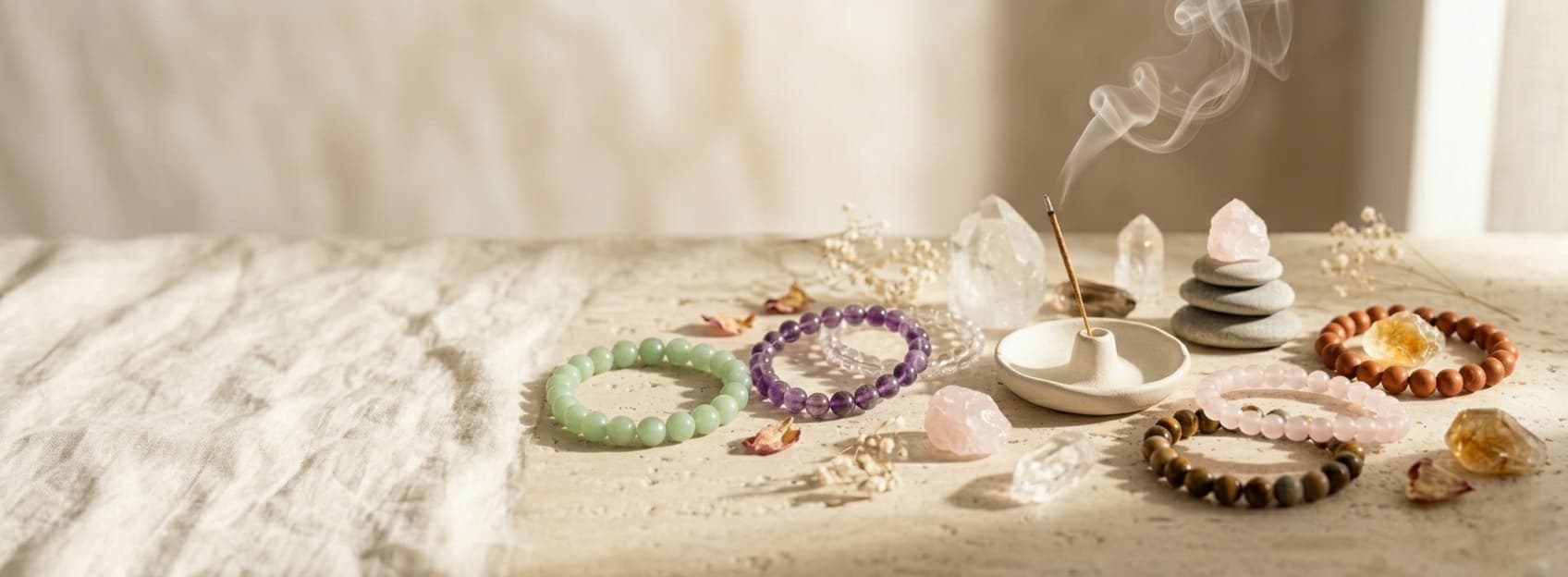 Crystal bracelets, gemstones and incense arranged on a soft linen surface