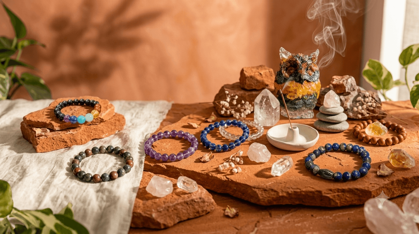 Crystal bracelets, raw gemstones and burning incense arranged on a sunlit stone surface